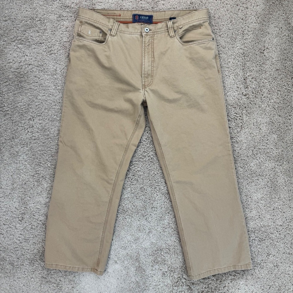 IZOD Jeans Mens 38x28.5) Straight Leg Khaki Tan Casual‎ Cotton Canvas Pants